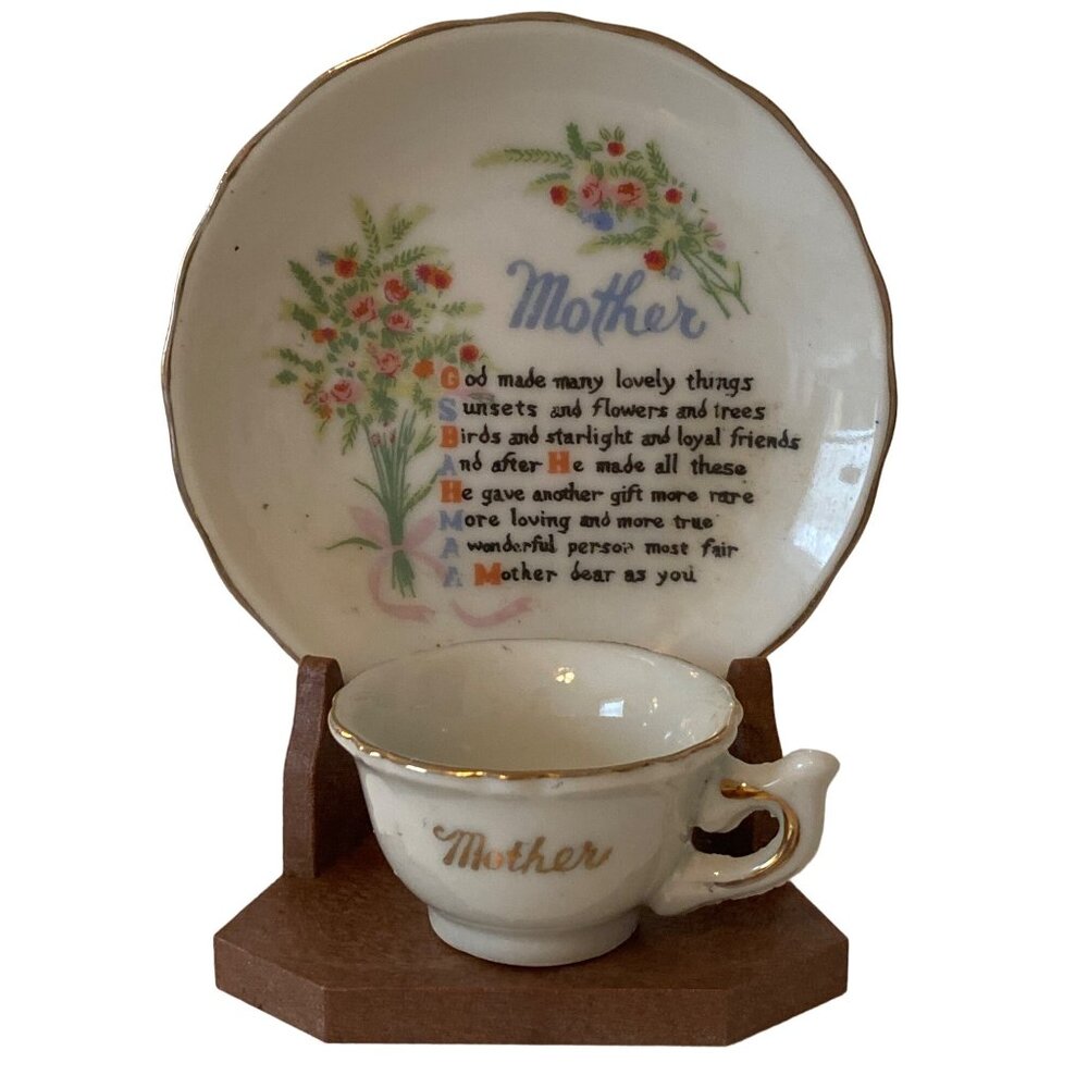 Mini Ceramic Teacup Saucer Plate Plastic Stand Mother Poem Decorative Vintage